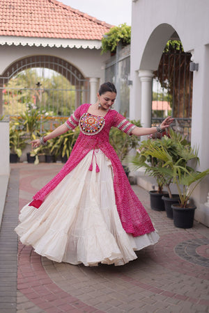 Off White Embroidered with Bandhani Printed Pink Lehenga (ACA9370)