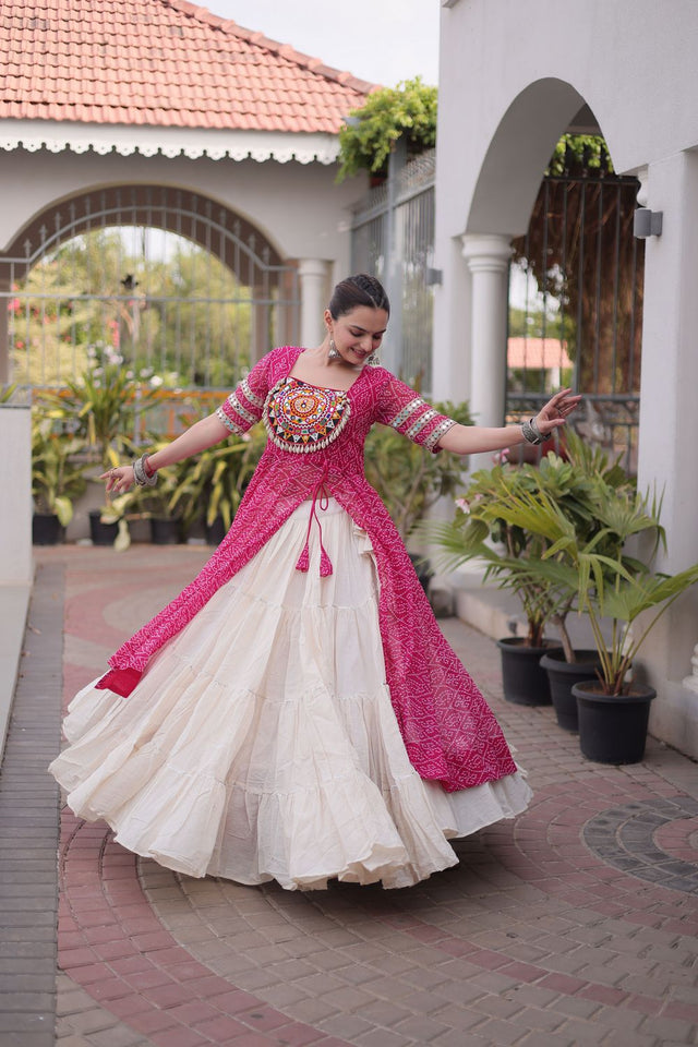Off White Embroidered with Bandhani Printed Pink Lehenga (ACA9370)