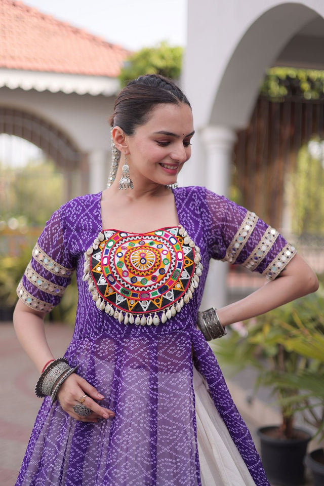 Off White Embroidered with Bandhani Printed Purple Lehenga (ACA9371)