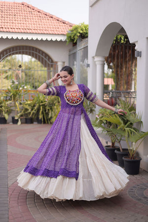 Off White Embroidered with Bandhani Printed Purple Lehenga (ACA9371)