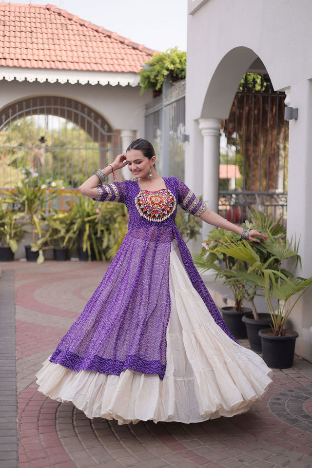 Off White Embroidered with Bandhani Printed Purple Lehenga (ACA9371)
