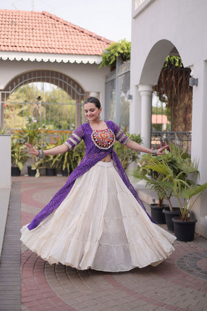 Off White Embroidered with Bandhani Printed Purple Lehenga (ACA9371)