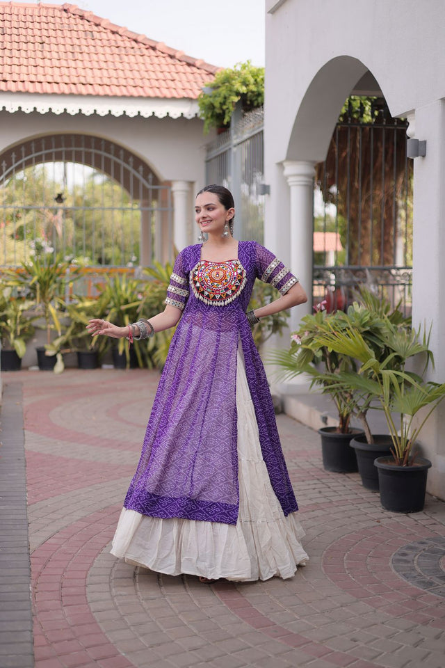 Off White Embroidered with Bandhani Printed Purple Lehenga (ACA9371)