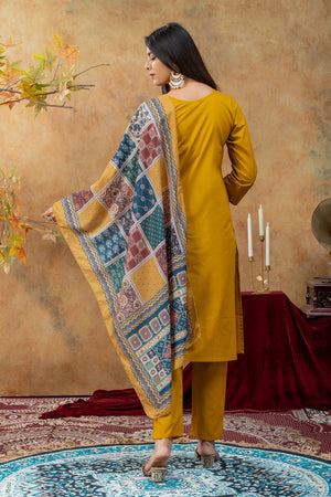 Mustard Embroidered Cotton Kurti Pant Set (ACA9372)
