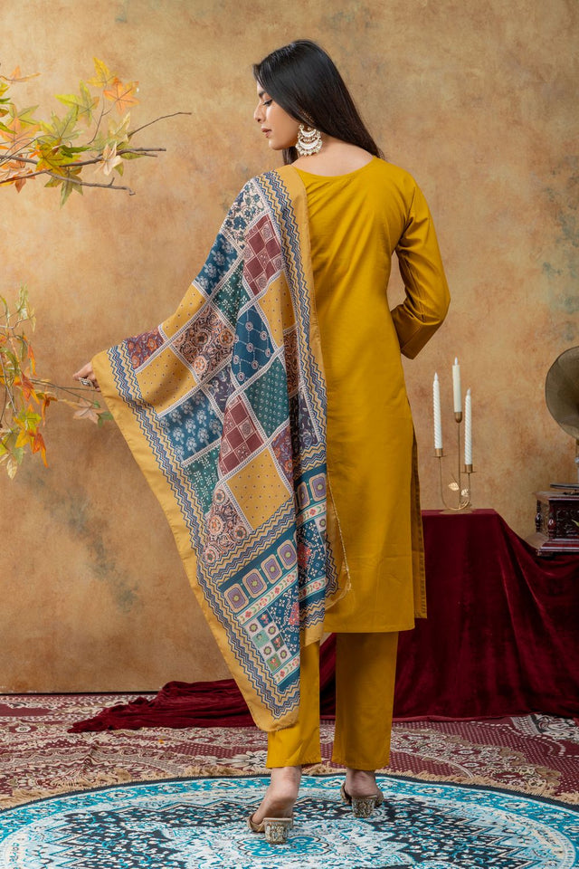 Mustard Embroidered Cotton Kurti Pant Set (ACA9372)