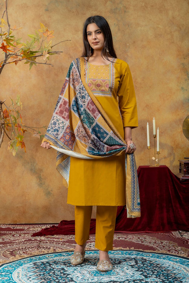 Mustard Embroidered Cotton Kurti Pant Set (ACA9372)