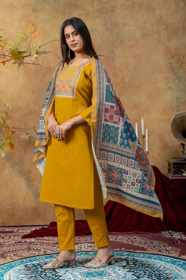 Mustard Embroidered Cotton Kurti Pant Set (ACA9372)