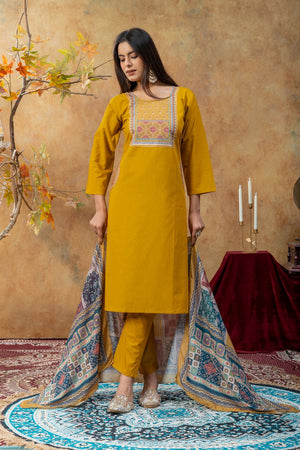 Mustard Embroidered Cotton Kurti Pant Set (ACA9372)