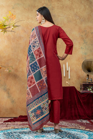 Maroon Embroidered Cotton Kurti Pant Set (ACA9373)