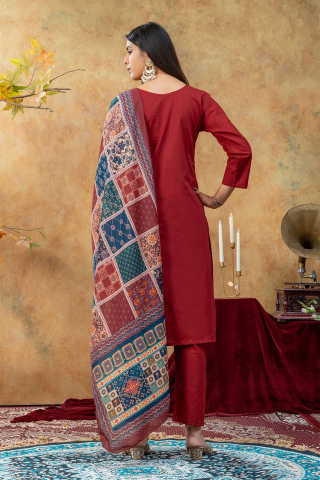 Maroon Embroidered Cotton Kurti Pant Set (ACA9373)