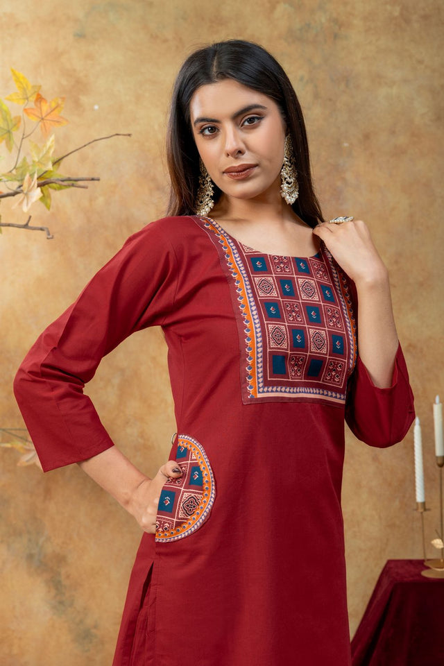 Maroon Embroidered Cotton Kurti Pant Set (ACA9373)