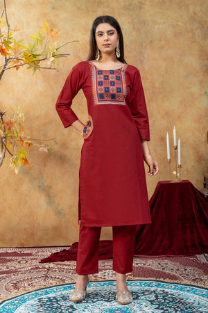 Maroon Embroidered Cotton Kurti Pant Set (ACA9373)