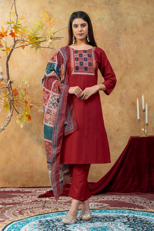Maroon Embroidered Cotton Kurti Pant Set (ACA9373)