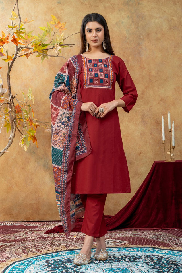 Maroon Embroidered Cotton Kurti Pant Set (ACA9373)
