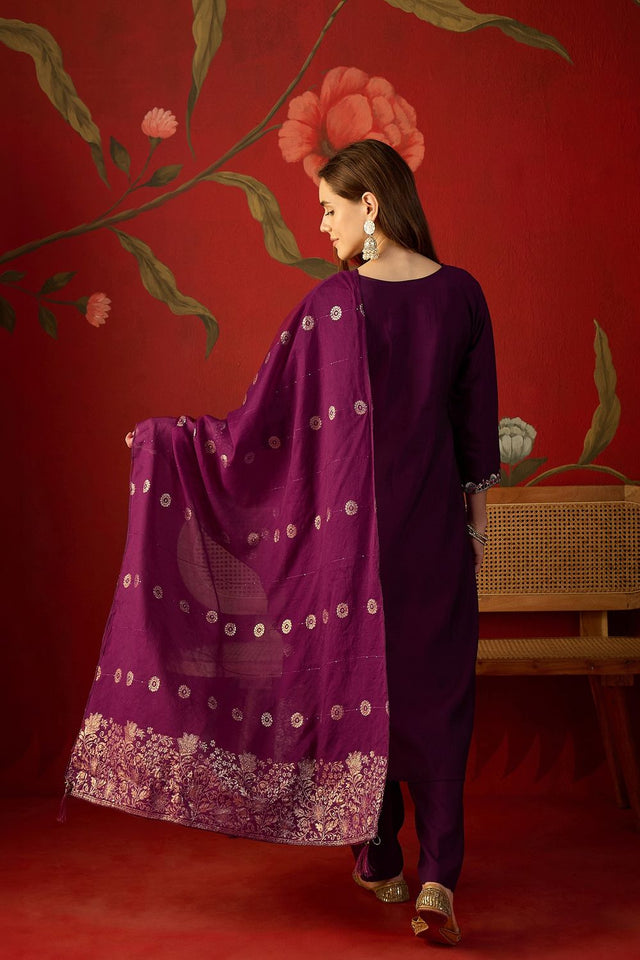 Wine Floral Embroidered Silk Anarkali Suit (ACA9374)