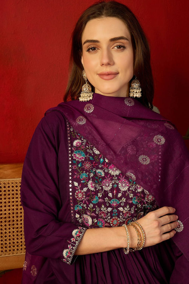 Wine Floral Embroidered Silk Anarkali Suit (ACA9374)