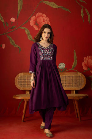 Wine Floral Embroidered Silk Anarkali Suit (ACA9374)