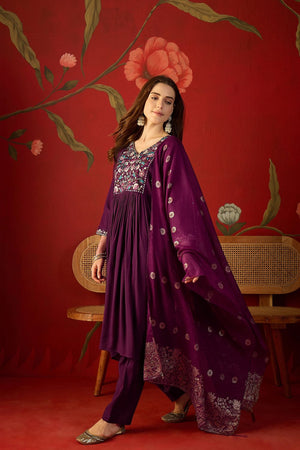 Wine Floral Embroidered Silk Anarkali Suit (ACA9374)