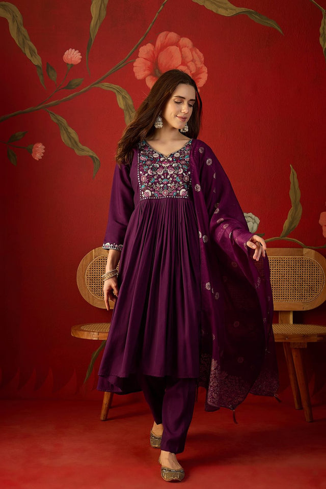 Wine Floral Embroidered Silk Anarkali Suit (ACA9374)