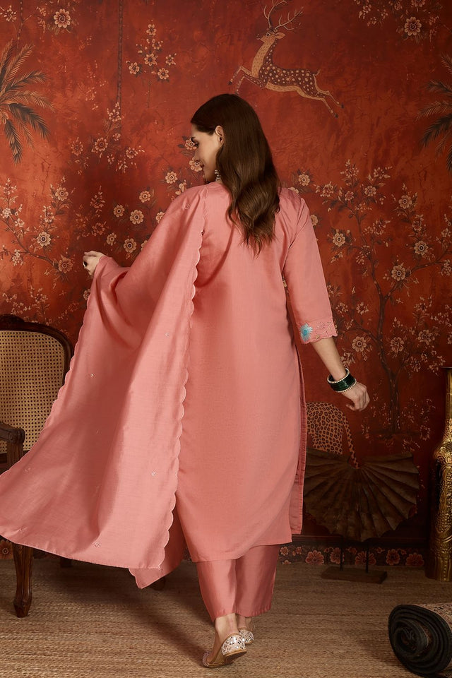 Peach Floral Embroidered Silk Straight Cut Suit (ACA9375)