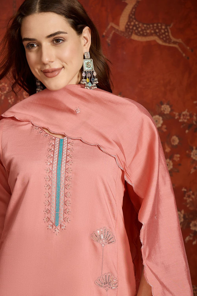 Peach Floral Embroidered Silk Straight Cut Suit (ACA9375)