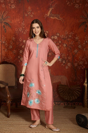 Peach Floral Embroidered Silk Straight Cut Suit (ACA9375)