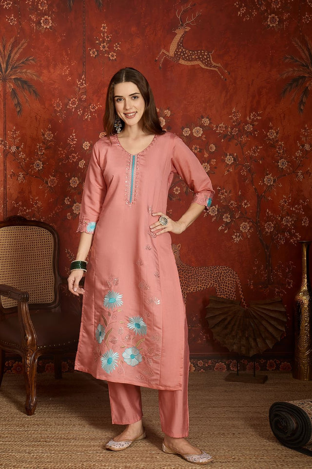 Peach Floral Embroidered Silk Straight Cut Suit (ACA9375)