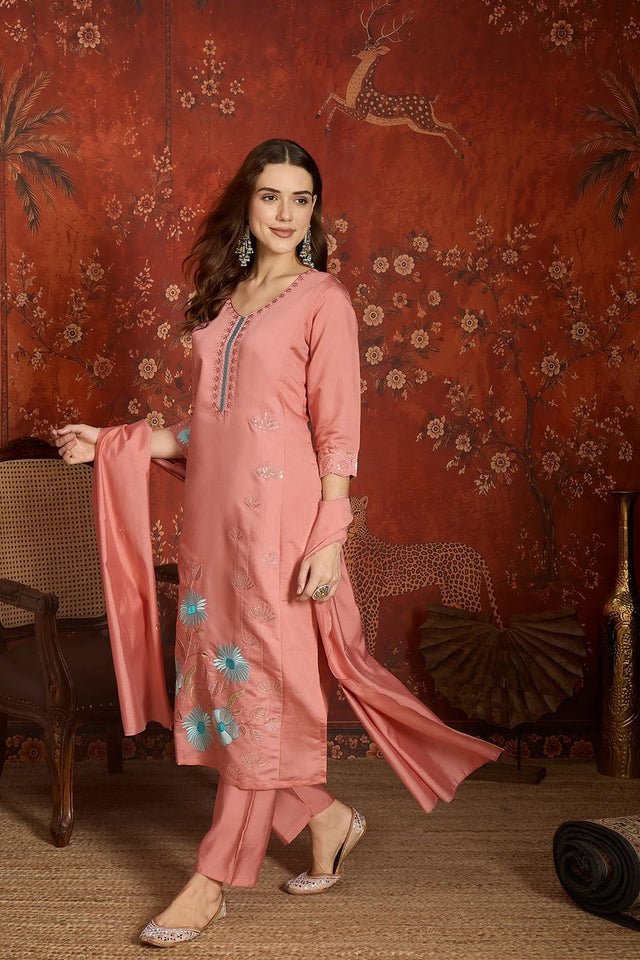 Peach Floral Embroidered Silk Straight Cut Suit (ACA9375)