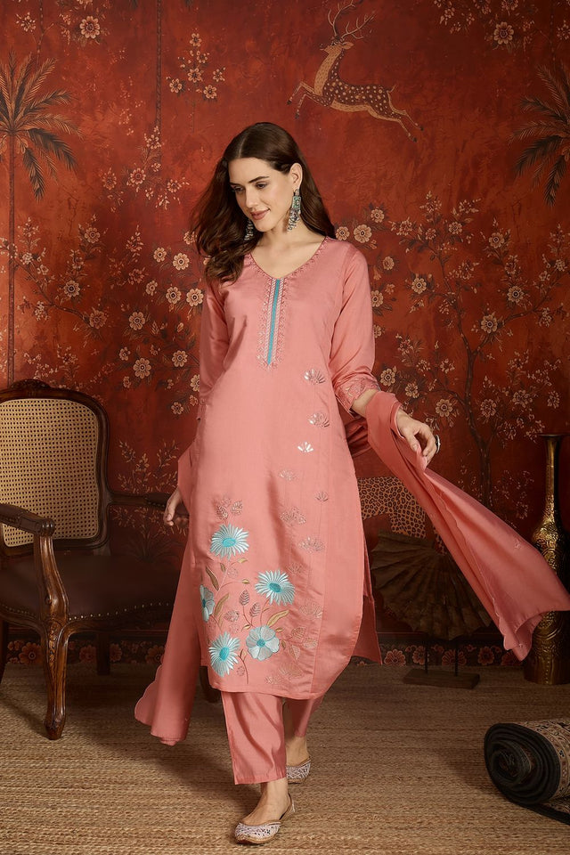 Peach Floral Embroidered Silk Straight Cut Suit (ACA9375)