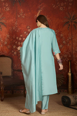 Blue Floral Embroidered Silk Straight Cut Suit (ACA9376)