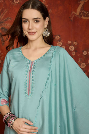 Blue Floral Embroidered Silk Straight Cut Suit (ACA9376)