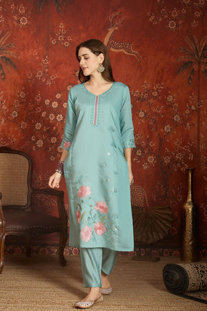 Blue Floral Embroidered Silk Straight Cut Suit (ACA9376)