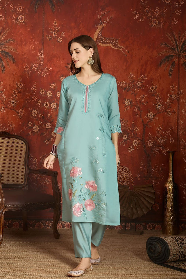 Blue Floral Embroidered Silk Straight Cut Suit (ACA9376)