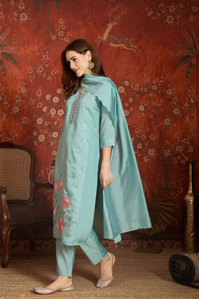 Blue Floral Embroidered Silk Straight Cut Suit (ACA9376)