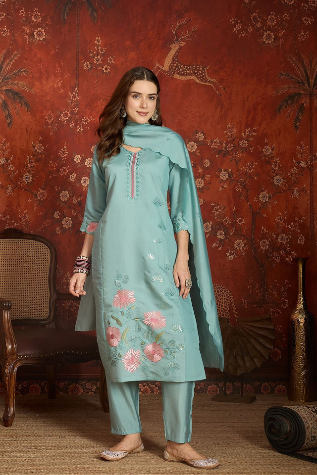 Blue Floral Embroidered Silk Straight Cut Suit (ACA9376)