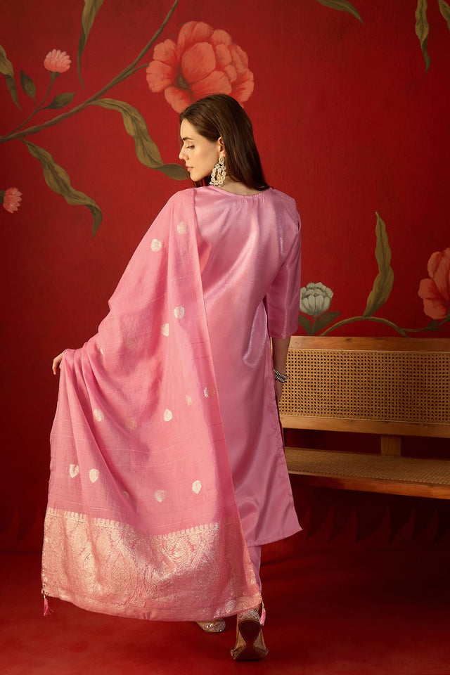 Pink Floral Embroidered Silk Straight Cut Suit (ACA9377)