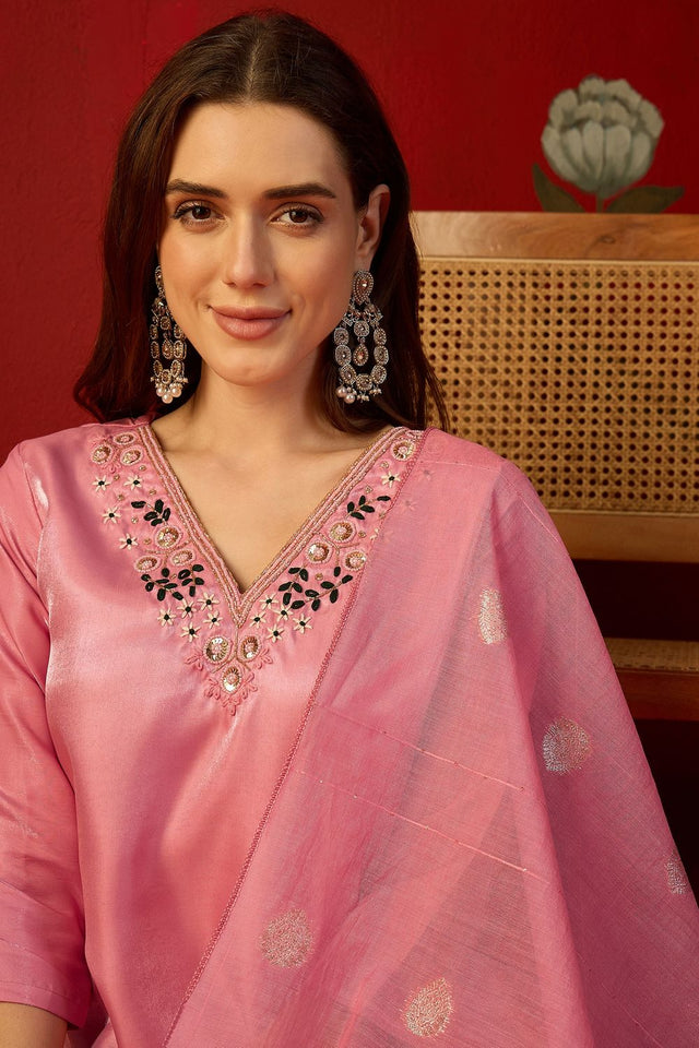 Pink Floral Embroidered Silk Straight Cut Suit (ACA9377)