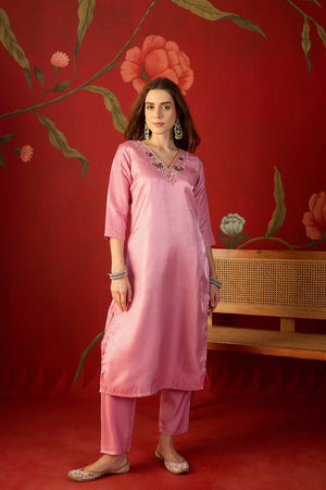 Pink Floral Embroidered Silk Straight Cut Suit (ACA9377)