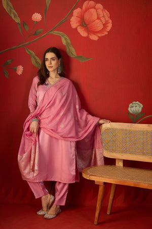 Pink Floral Embroidered Silk Straight Cut Suit (ACA9377)