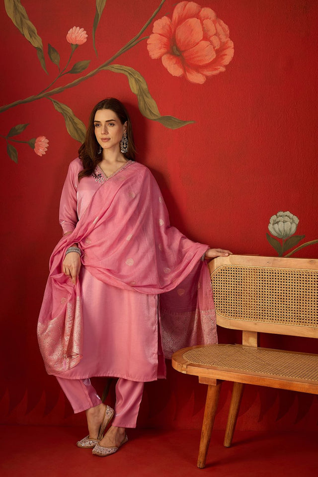 Pink Floral Embroidered Silk Straight Cut Suit (ACA9377)