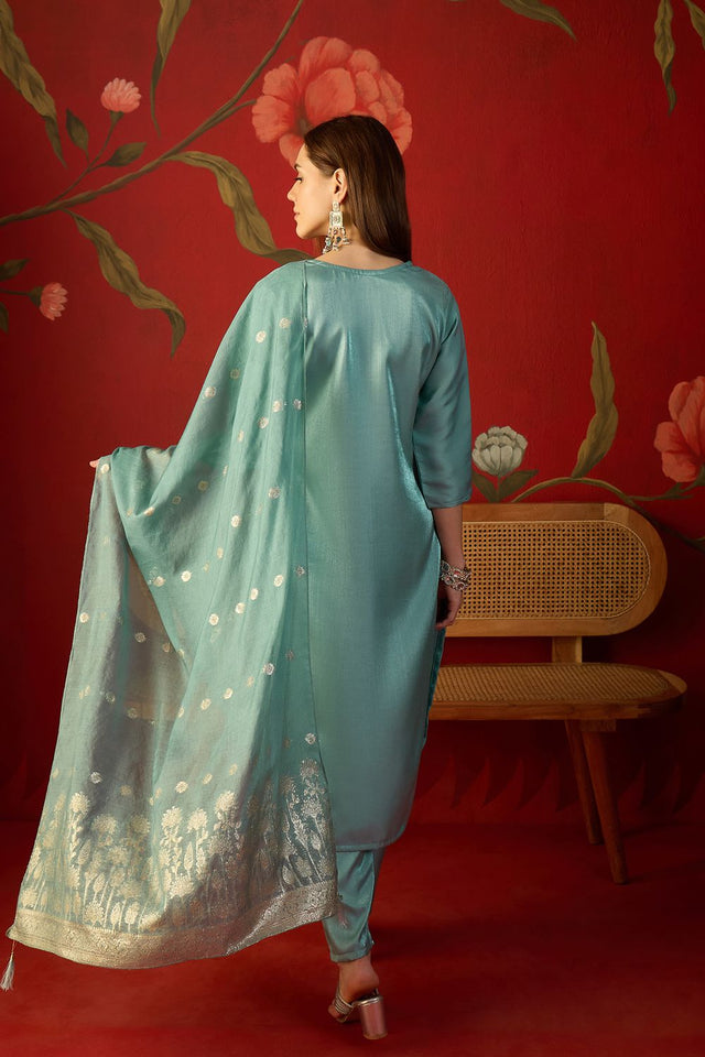 Blue Floral Embroidered Silk Straight Cut Suit (ACA9378)