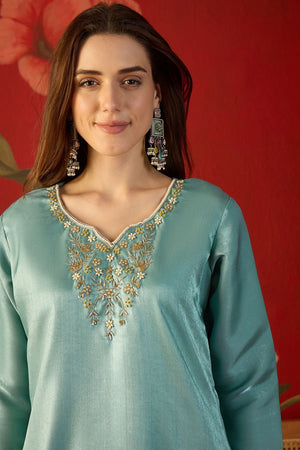 Blue Floral Embroidered Silk Straight Cut Suit (ACA9378)