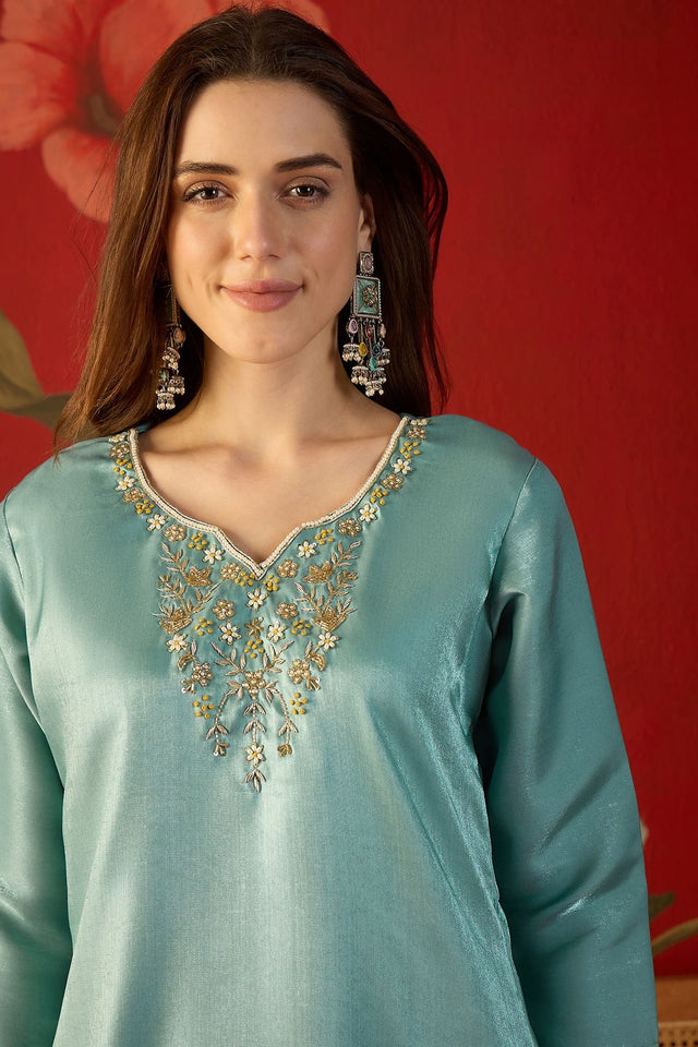 Blue Floral Embroidered Silk Straight Cut Suit (ACA9378)