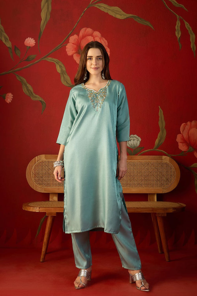 Blue Floral Embroidered Silk Straight Cut Suit (ACA9378)
