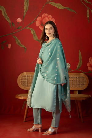 Blue Floral Embroidered Silk Straight Cut Suit (ACA9378)