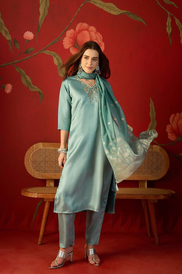 Blue Floral Embroidered Silk Straight Cut Suit (ACA9378)