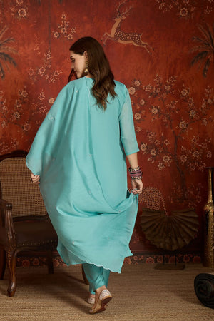 Sea Green Floral Embroidered Chanderi Kurti Pant Set (ACA9380)