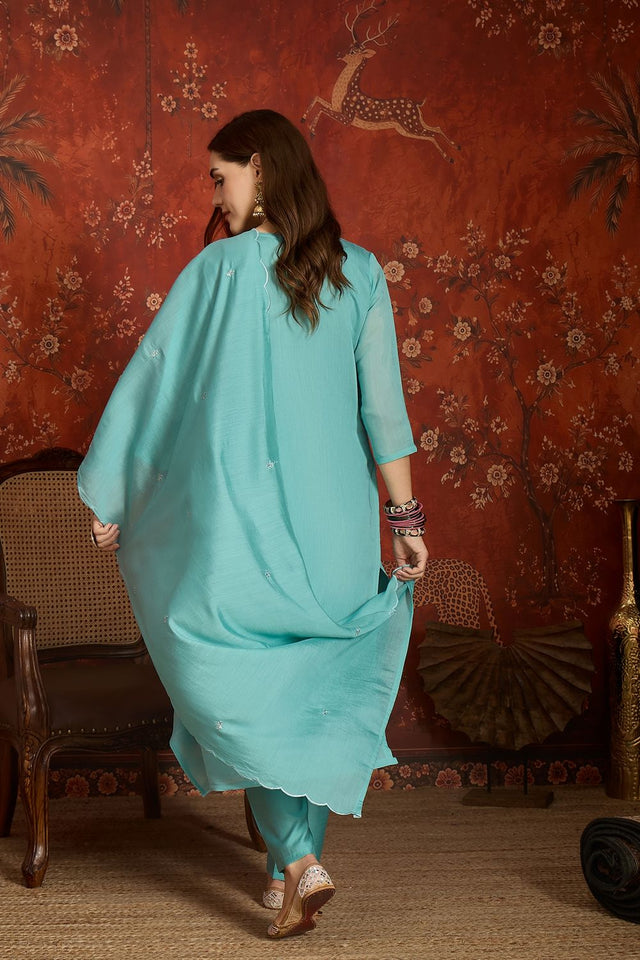 Sea Green Floral Embroidered Chanderi Kurti Pant Set (ACA9380)