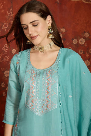 Sea Green Floral Embroidered Chanderi Kurti Pant Set (ACA9380)
