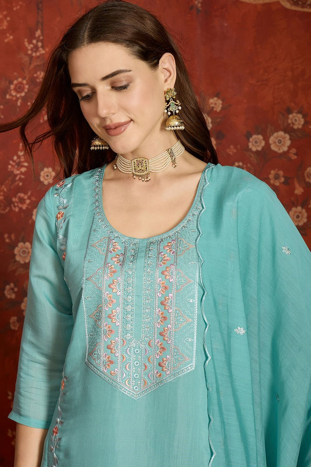 Sea Green Floral Embroidered Chanderi Kurti Pant Set (ACA9380)